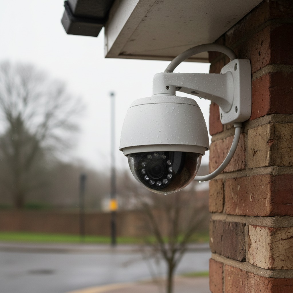 A white dome security camera mounted on a brick wall during a rainy day.