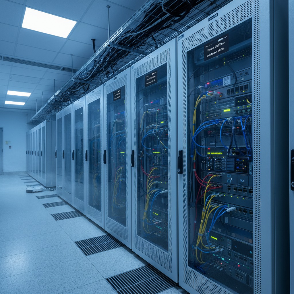 Rows of server racks with visible cabling and blinking lights stand in a brightly lit, modern data center.