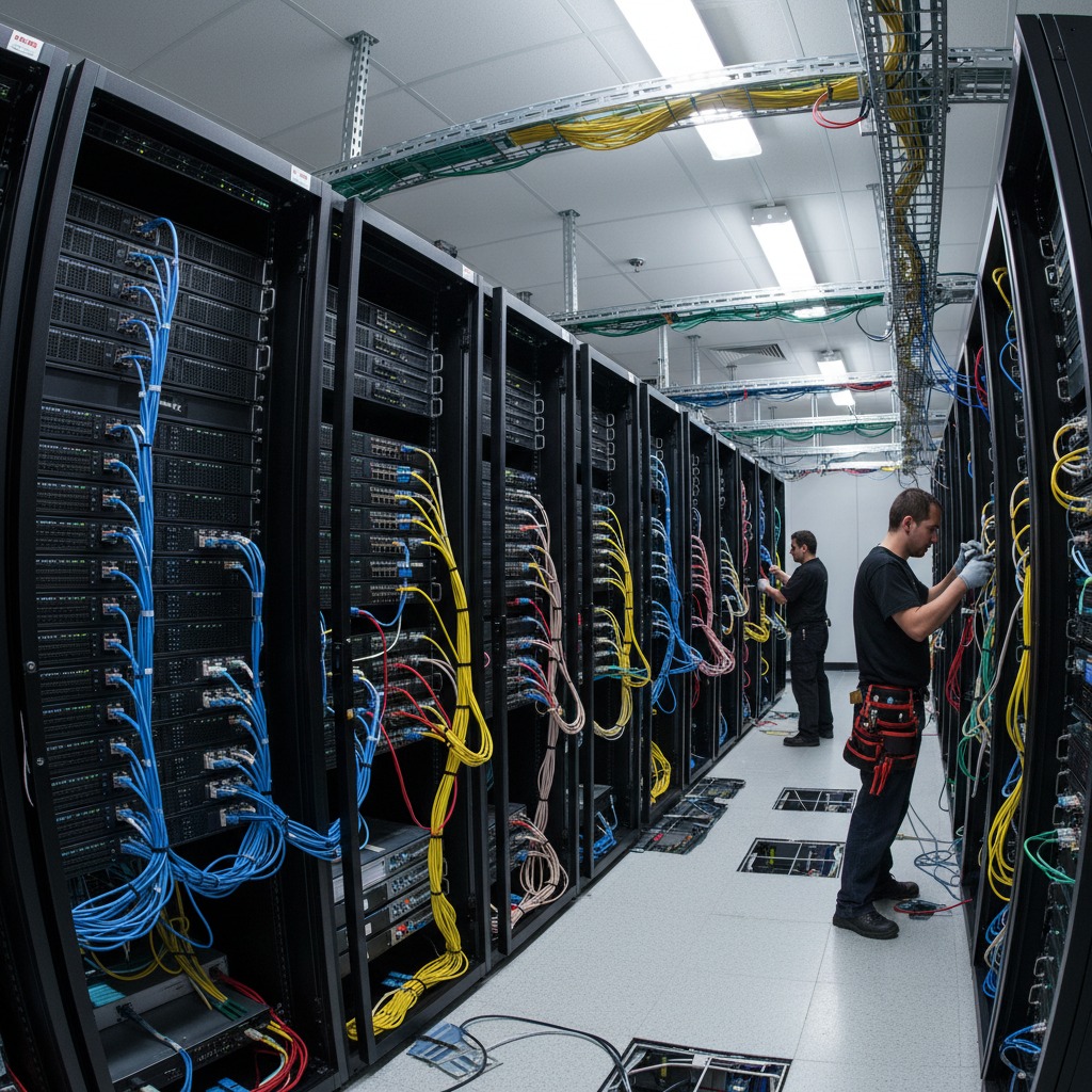 Two technicians work on cabling inside a server room filled with rows of black server racks.