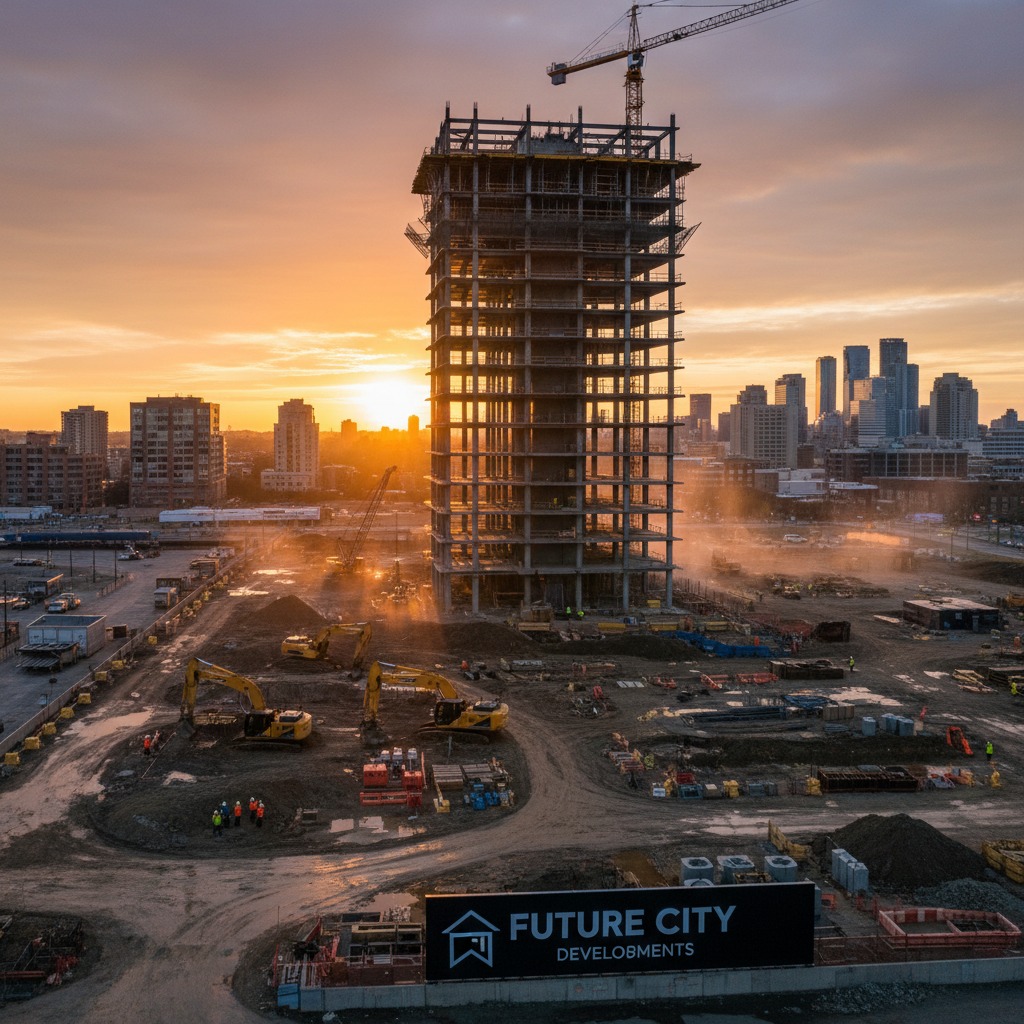A high-rise building under construction stands in a dirt lot at sunset with a Future City Developments sign in the foreground.