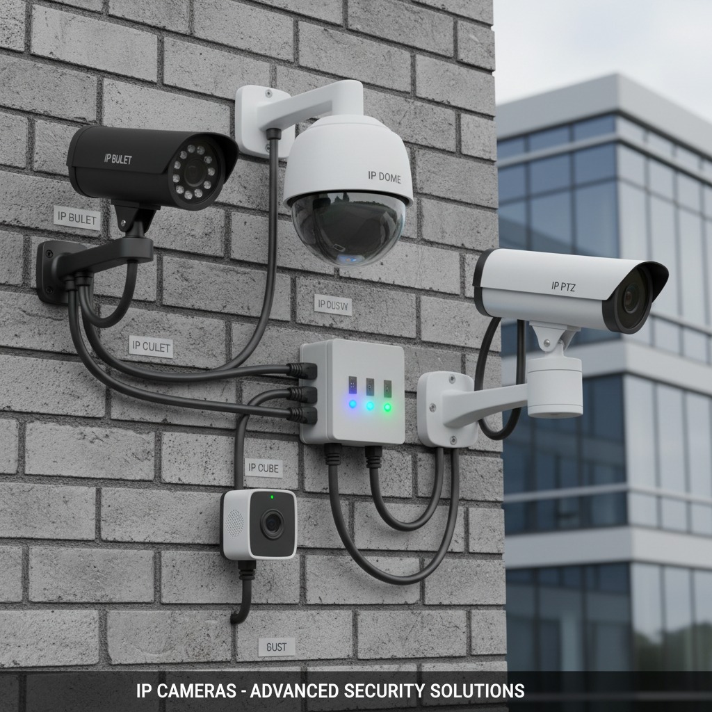 Various security cameras, including bullet, dome, and PTZ models, are mounted on a brick wall and connected to a central power box.