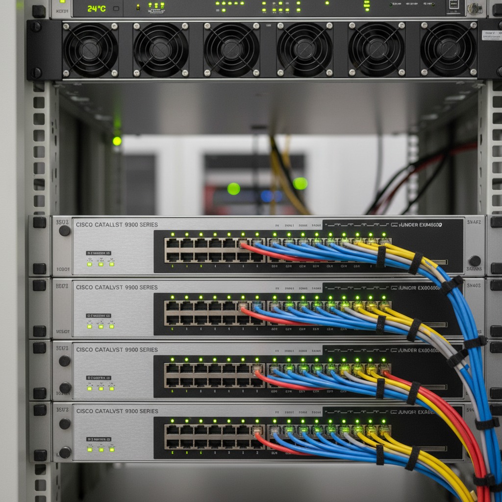 A server rack contains four stacked Cisco network switches connected by blue and yellow ethernet cables.