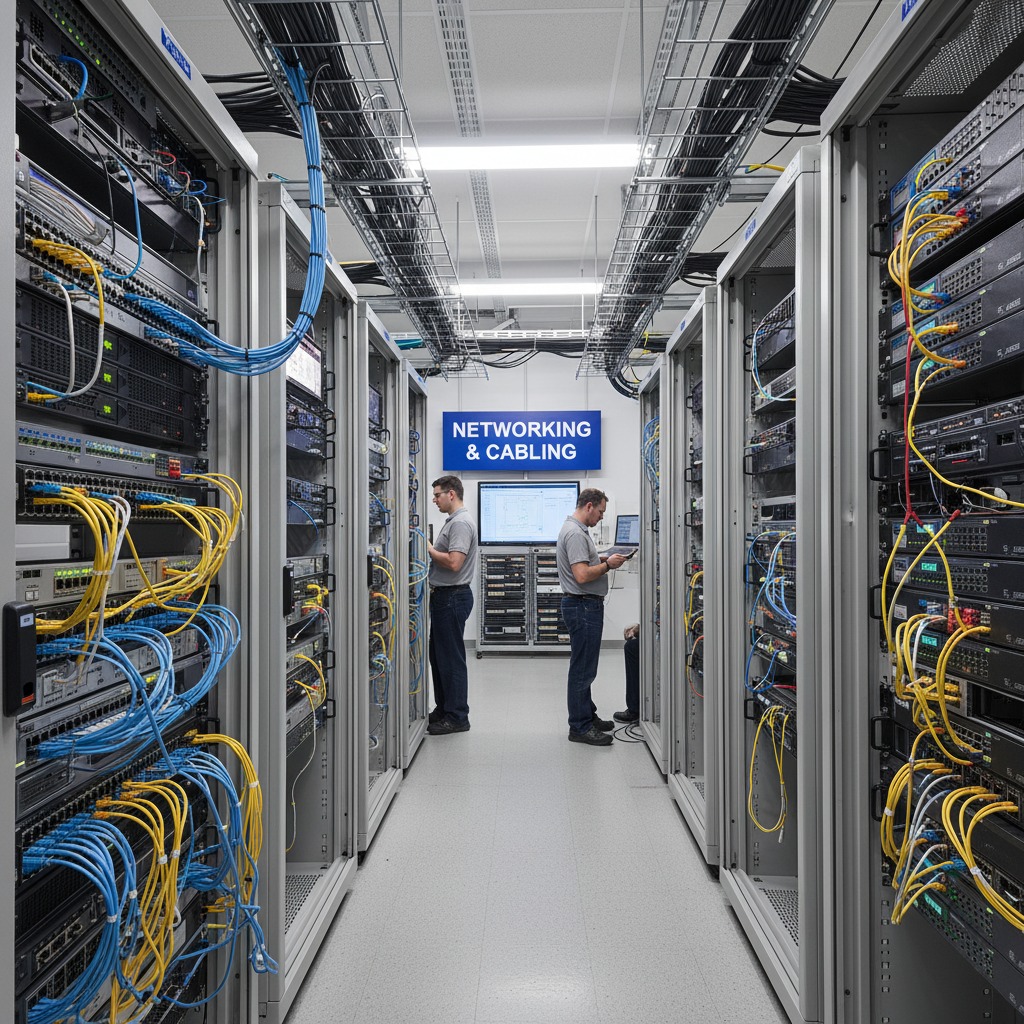 Two technicians work on server racks in a data center labeled with a Networking & Cabling sign.